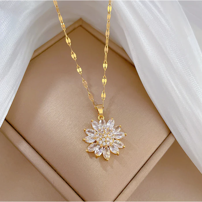 Collar Flor Girasol Cadena - Acero Inoxidable Bañado Oro 18k 3