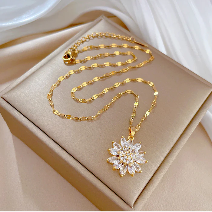 Collar Flor Girasol Cadena - Acero Inoxidable Bañado Oro 18k 4