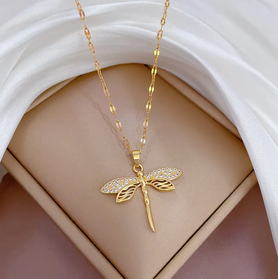 Collar Libélula Cadena En Acero Inoxidable - Bañado Oro 18k 3