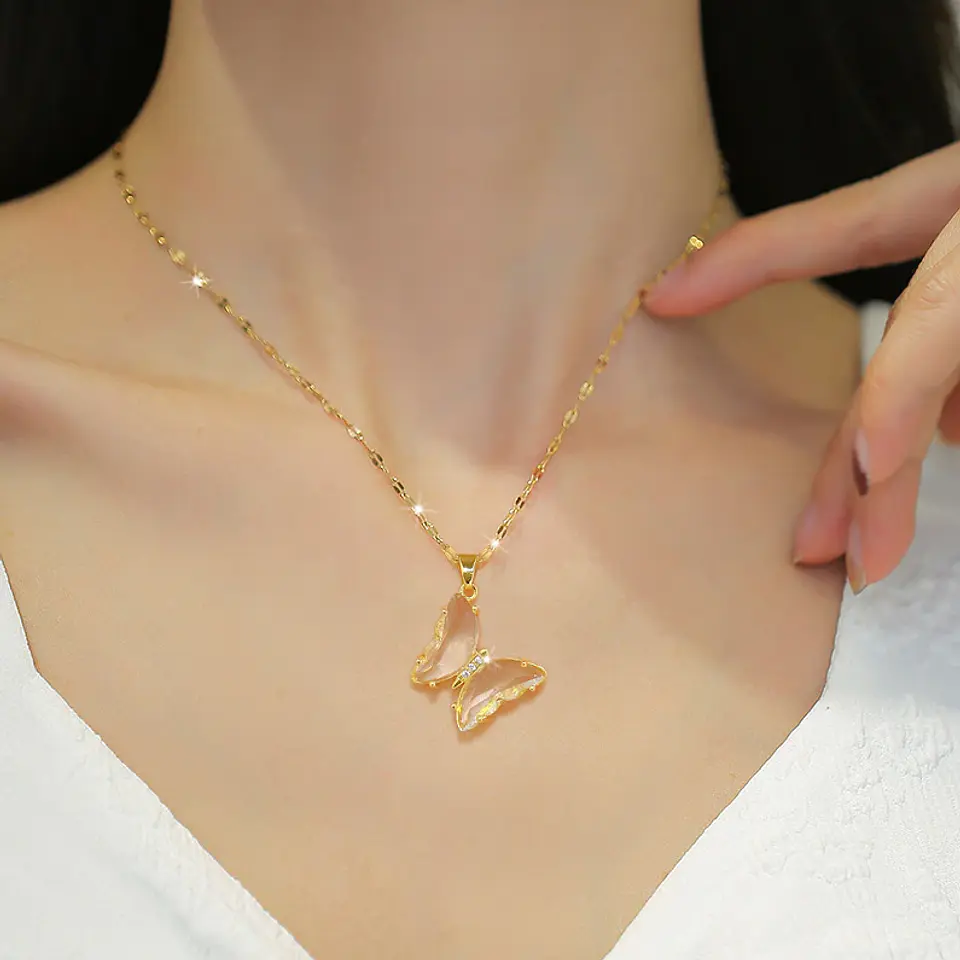 Collar Mariposa Cristal - Acero Inoxidable Bañado En Oro 18k 2