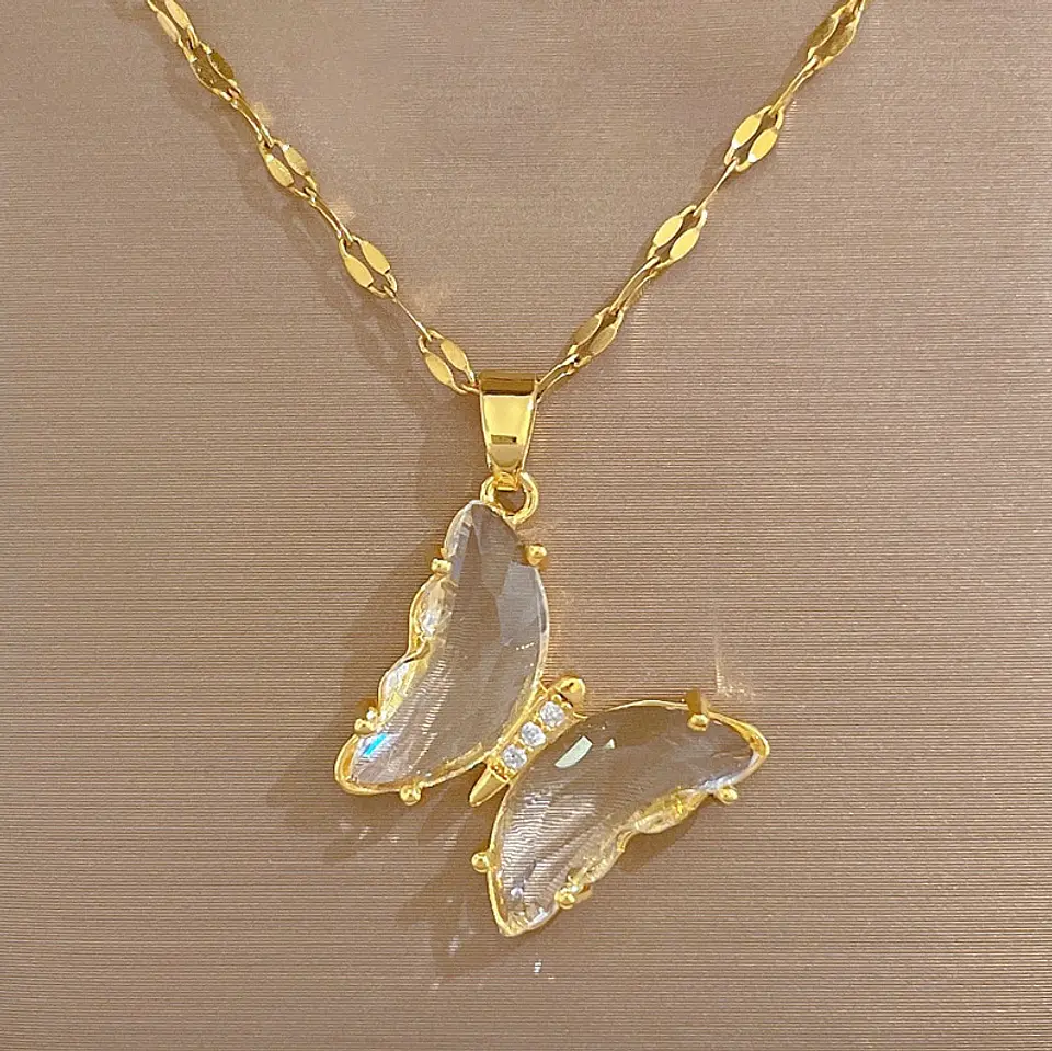 Collar Mariposa Cristal - Acero Inoxidable Bañado En Oro 18k 4