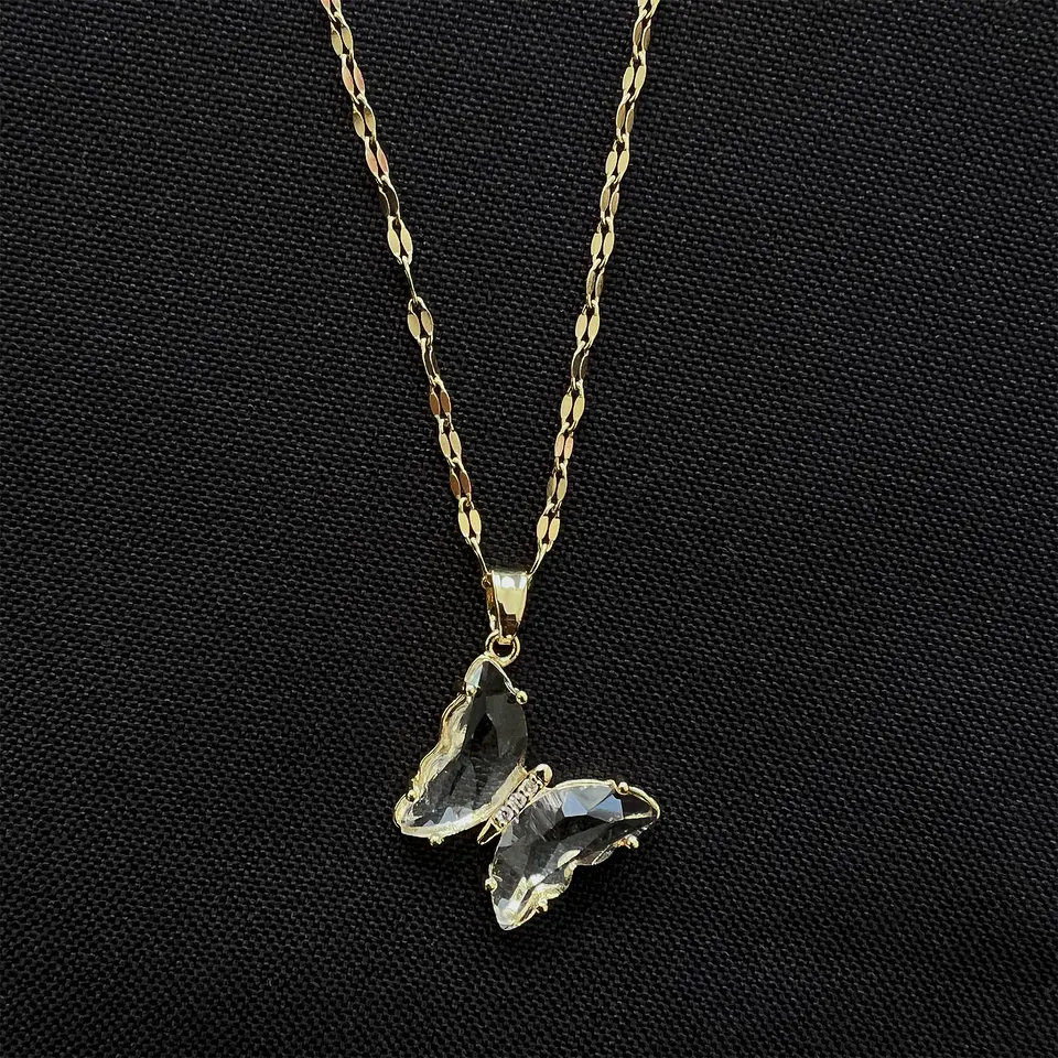 Collar Mariposa Cristal - Acero Inoxidable Bañado En Oro 18k 5