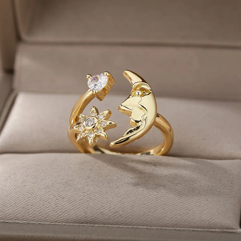 Anillo De Luna Estrellas Mujer Ajustable Acero Inoxidable 2