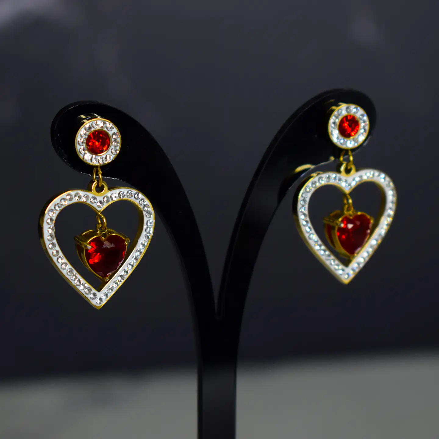 Aros Corazón Rojo Grande Colgantes - Acero Bañado En Oro 18k 3