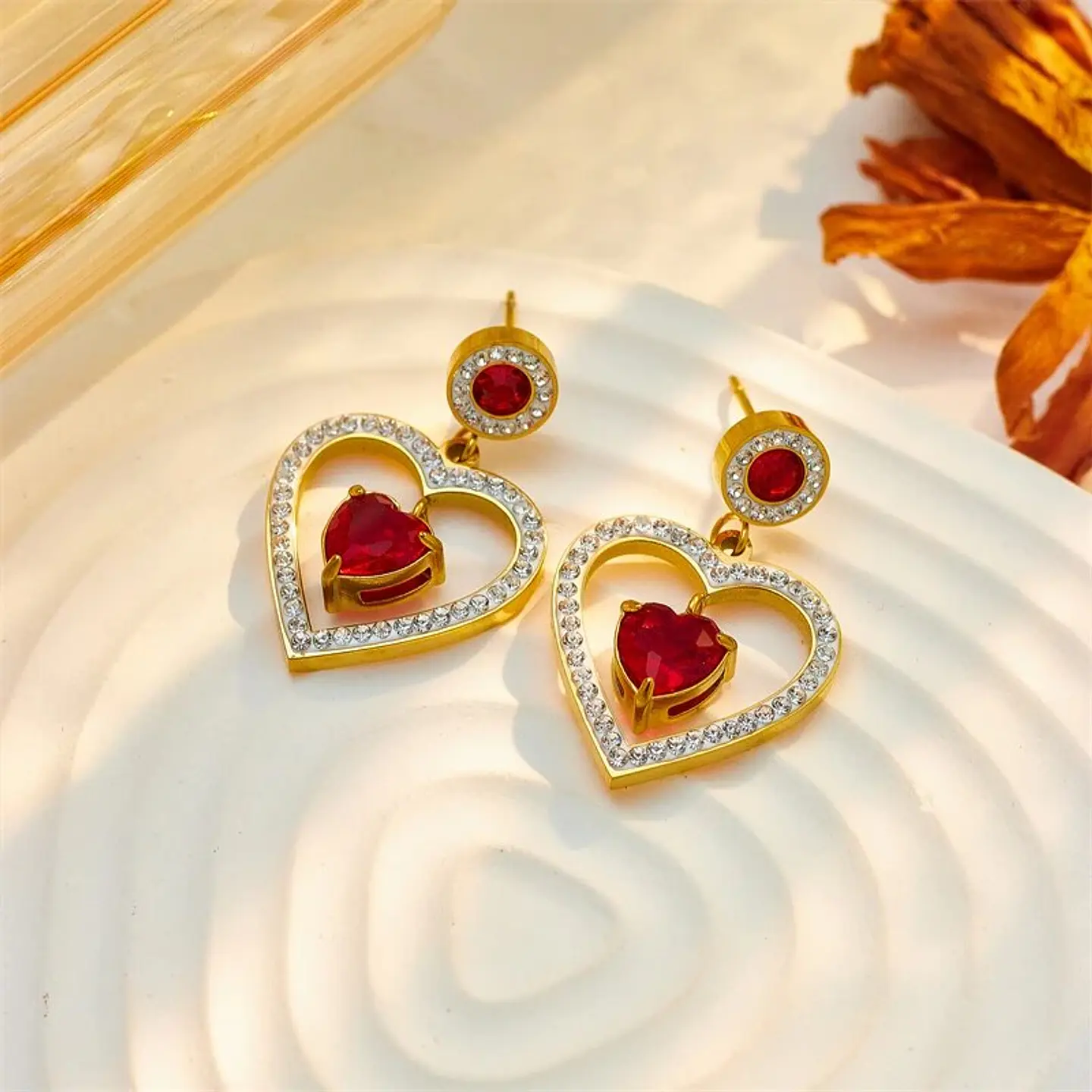 Aros Corazón Rojo Grande Colgantes - Acero Bañado En Oro 18k 4