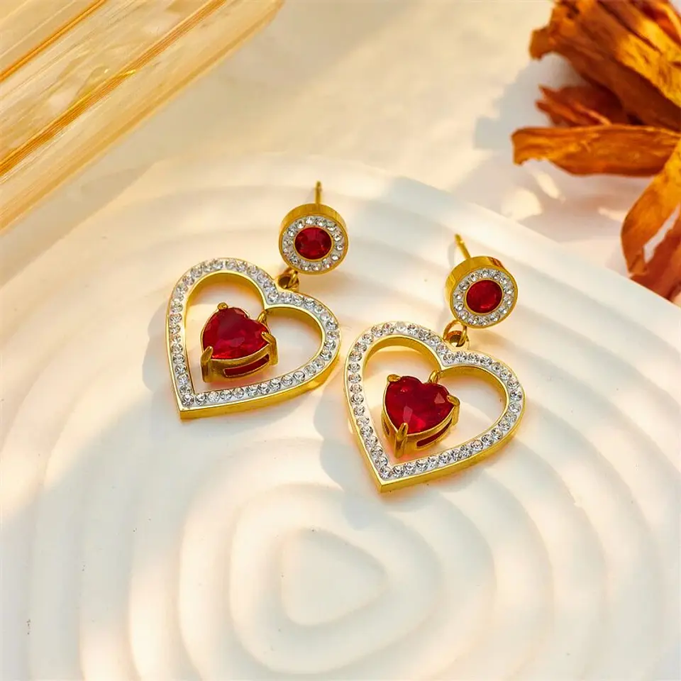 Aros Corazón Rojo Grande Colgantes - Acero Bañado En Oro 18k 4