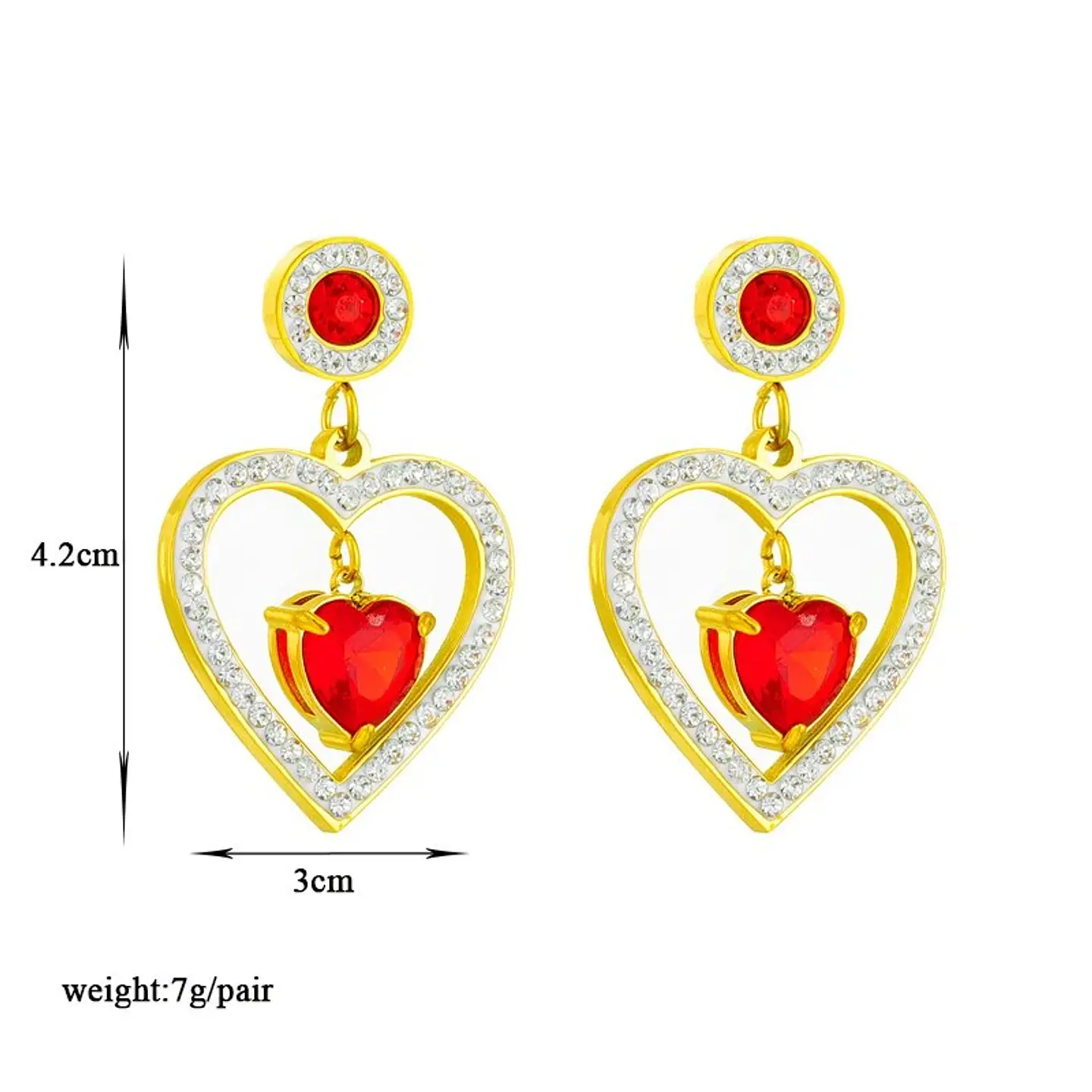 Aros Corazón Rojo Grande Colgantes - Acero Bañado En Oro 18k 2