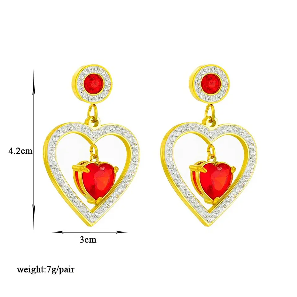 Aros Corazón Rojo Grande Colgantes - Acero Bañado En Oro 18k 2