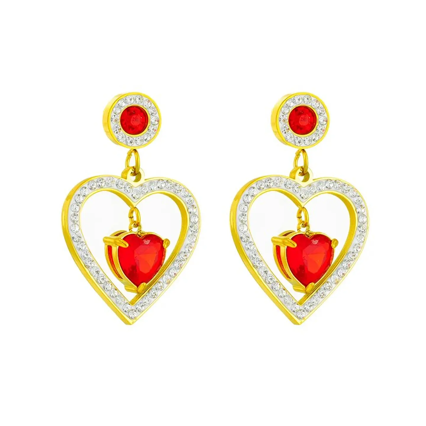 Aros Corazón Rojo Grande Colgantes - Acero Bañado En Oro 18k 1