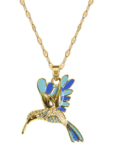 Collar Colibrí Azul Cadena En Acero Inoxidable - Bañado Oro 18k