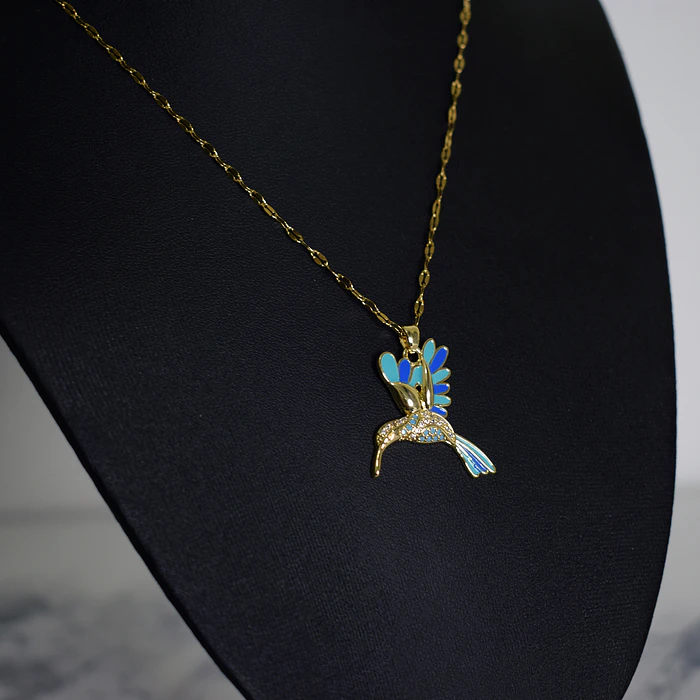 Collar Colibrí Azul Cadena En Acero Inoxidable - Bañado Oro 18k 2