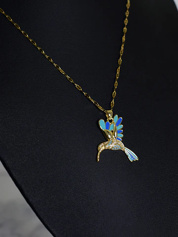 Collar Colibrí Azul Cadena En Acero Inoxidable - Bañado Oro 18k