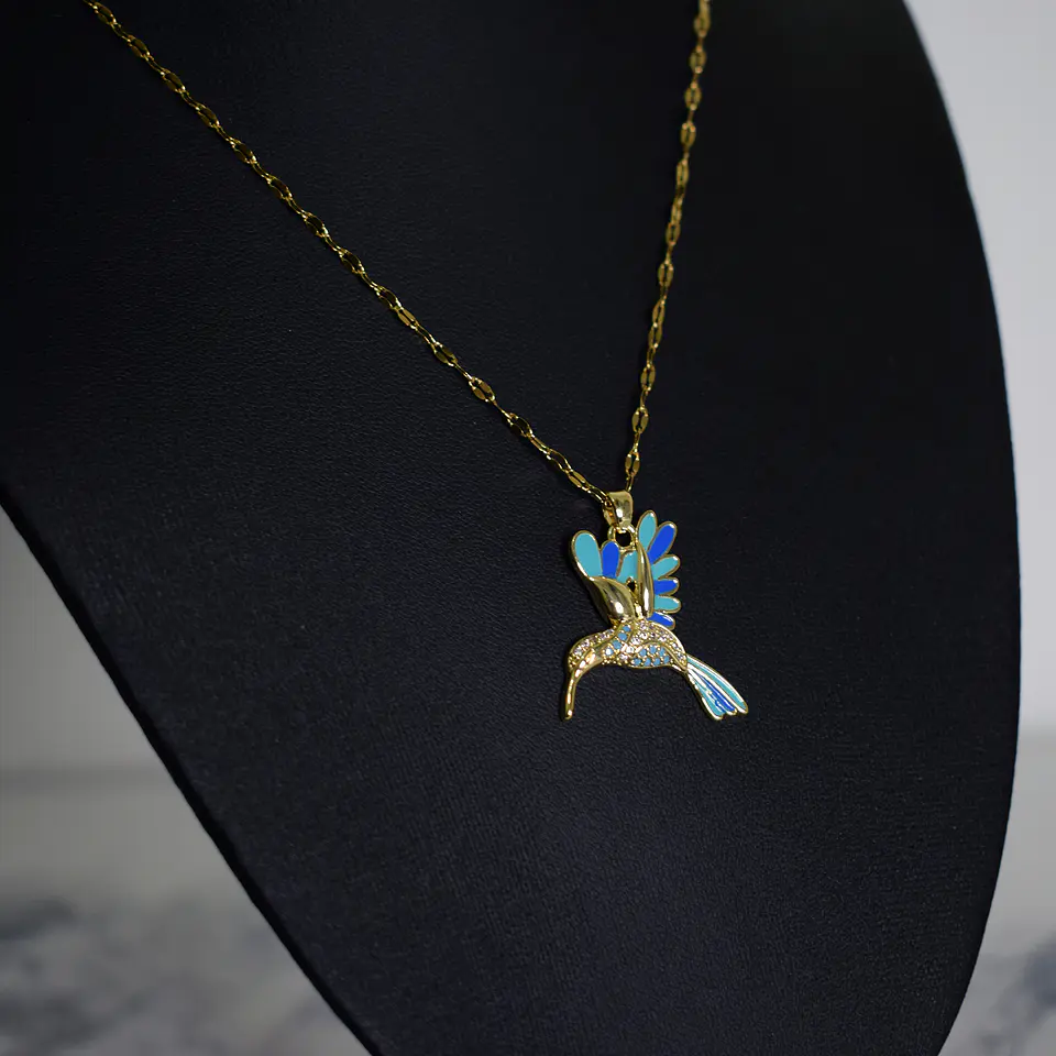 Collar Colibrí Azul Cadena En Acero Inoxidable - Bañado Oro 18k 2