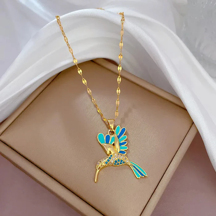 Collar Colibrí Azul Cadena En Acero Inoxidable - Bañado Oro 18k 3