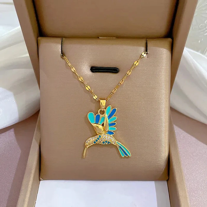 Collar Colibrí Azul Cadena En Acero Inoxidable - Bañado Oro 18k 4
