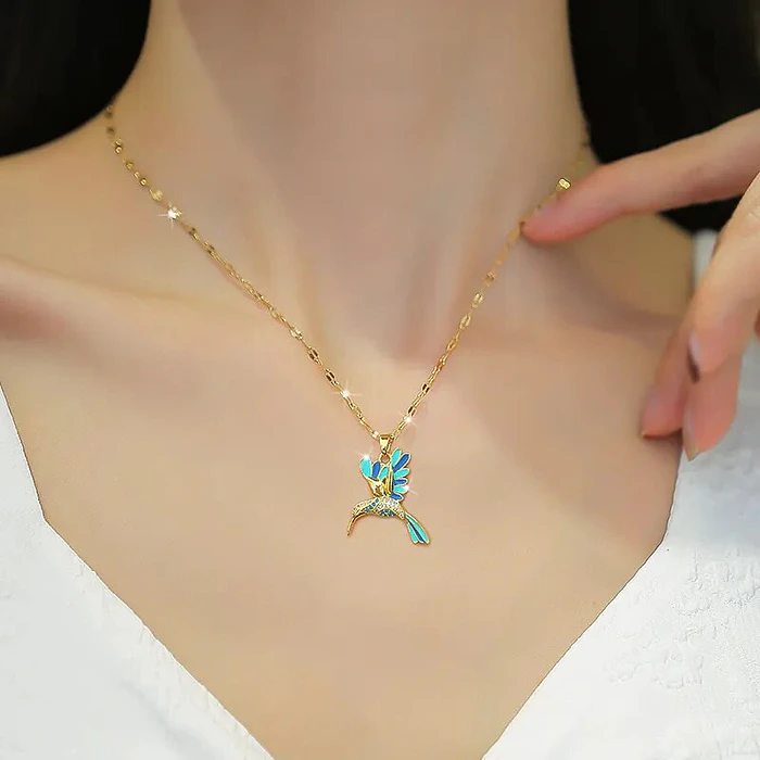 Collar Colibrí Azul Cadena En Acero Inoxidable - Bañado Oro 18k 5
