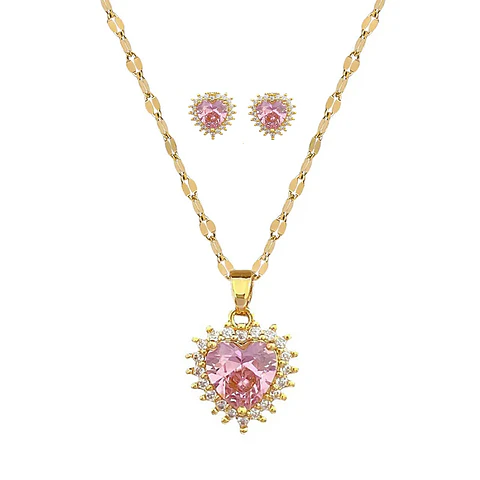 Set Collar + Aros Corazón Acero Inoxidable - Bañado Oro 18k