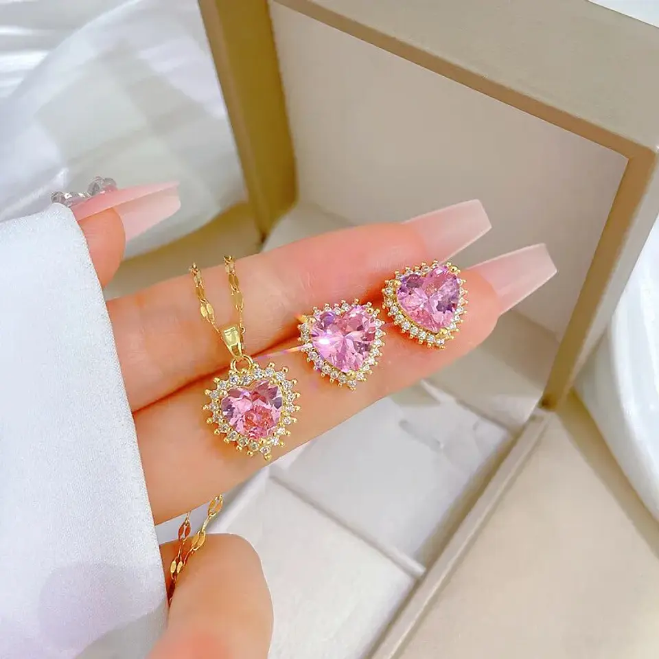 Set Collar + Aros Corazón Acero Inoxidable - Bañado Oro 18k 4