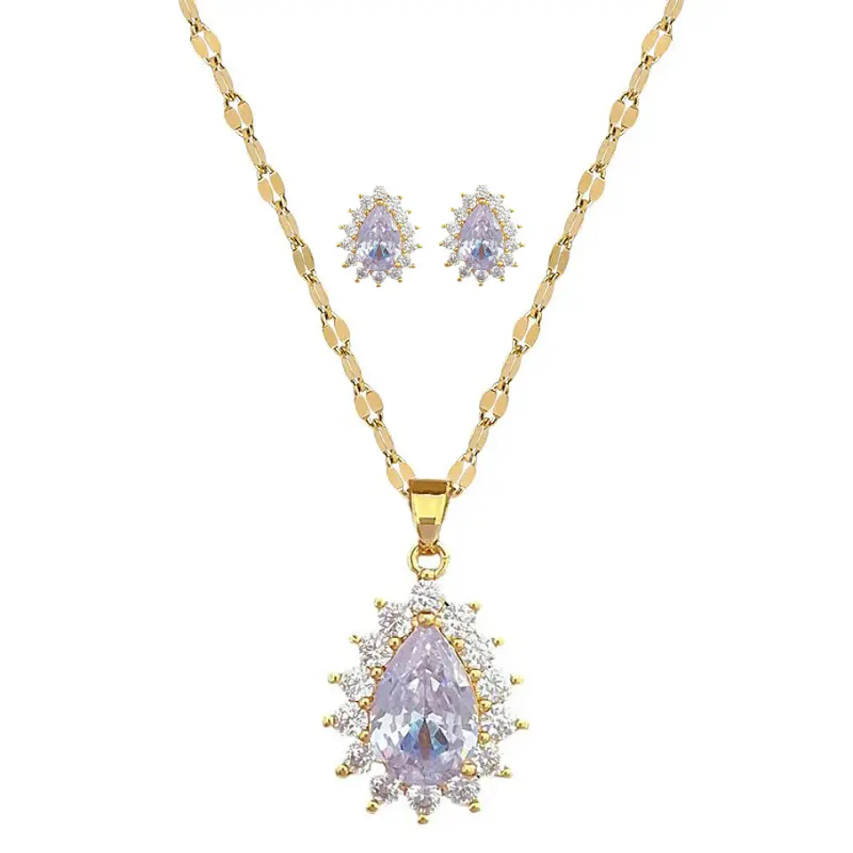 Set Collar + Aros De Gotas Acero Inoxidable - Bañado Oro 18k 1