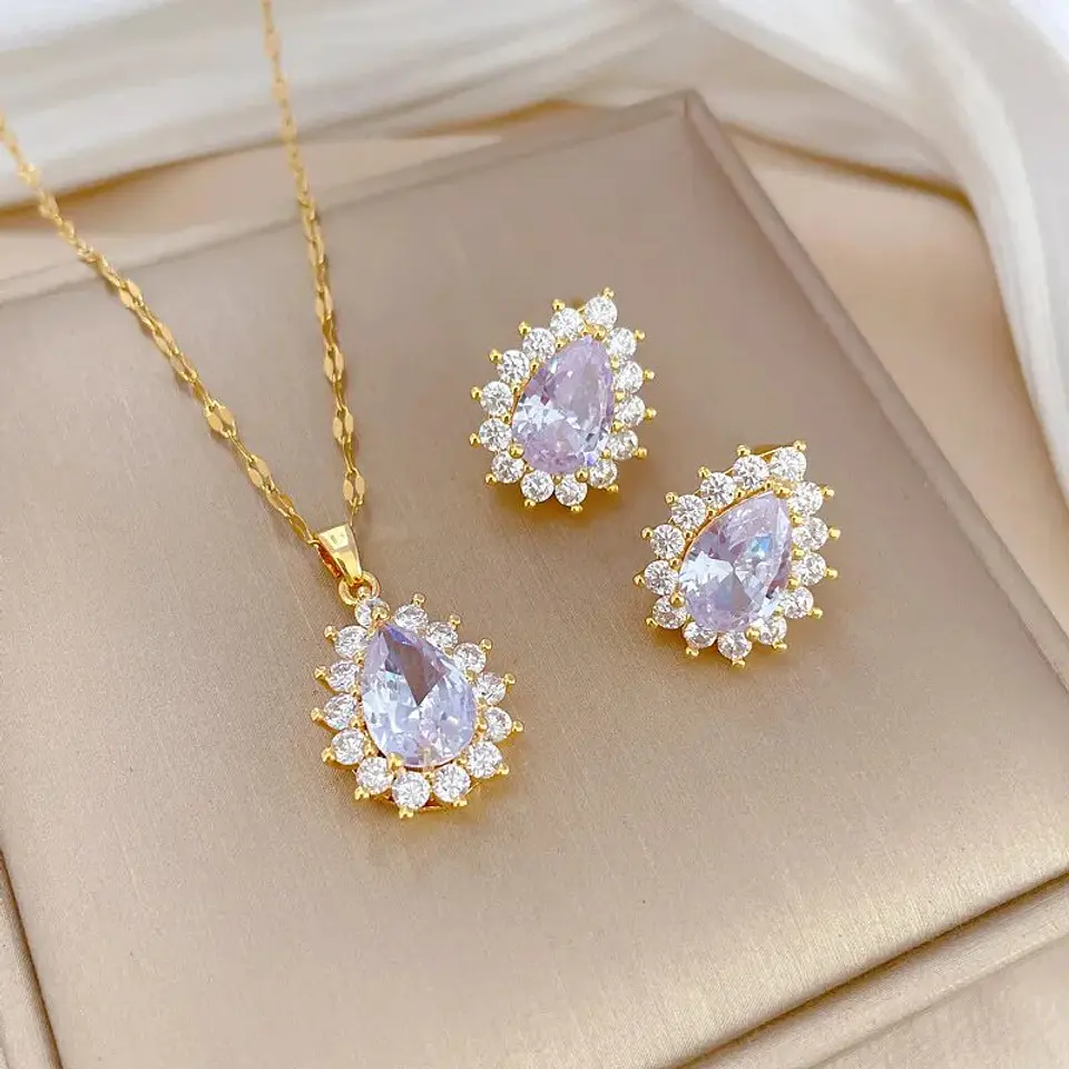 Set Collar + Aros De Gotas Acero Inoxidable - Bañado Oro 18k 3