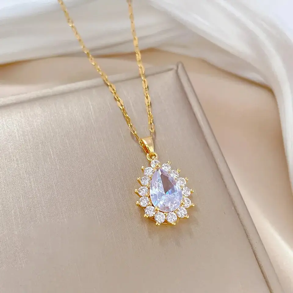 Set Collar + Aros De Gotas Acero Inoxidable - Bañado Oro 18k 9