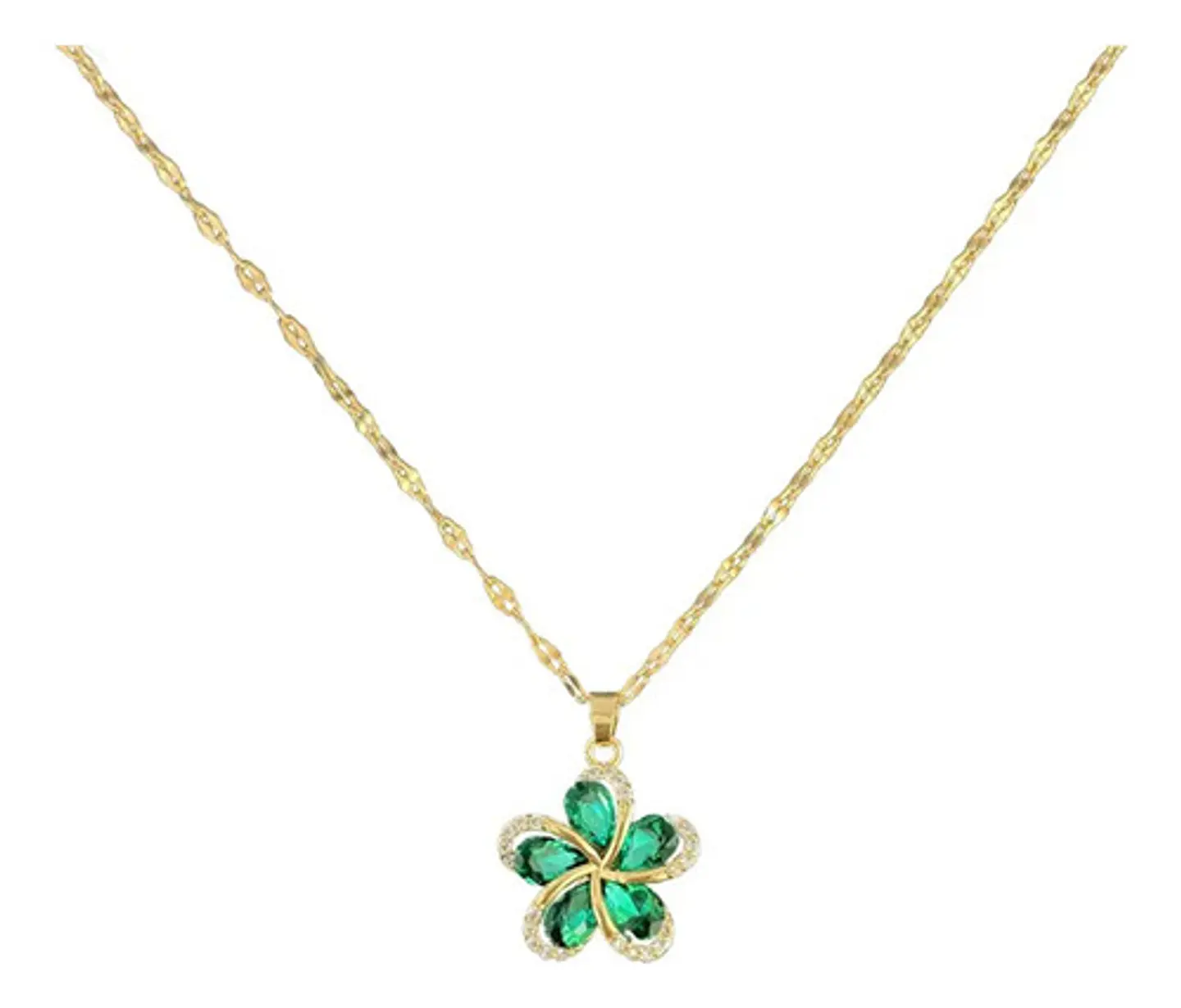 Collar Flor Circones Verde Acero Inoxidable - Bañado Oro 18k 1