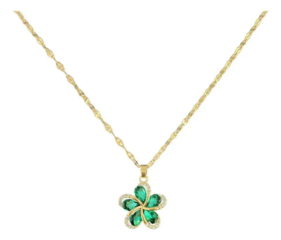 Collar Flor Circones Verde Acero Inoxidable - Bañado Oro 18k 1