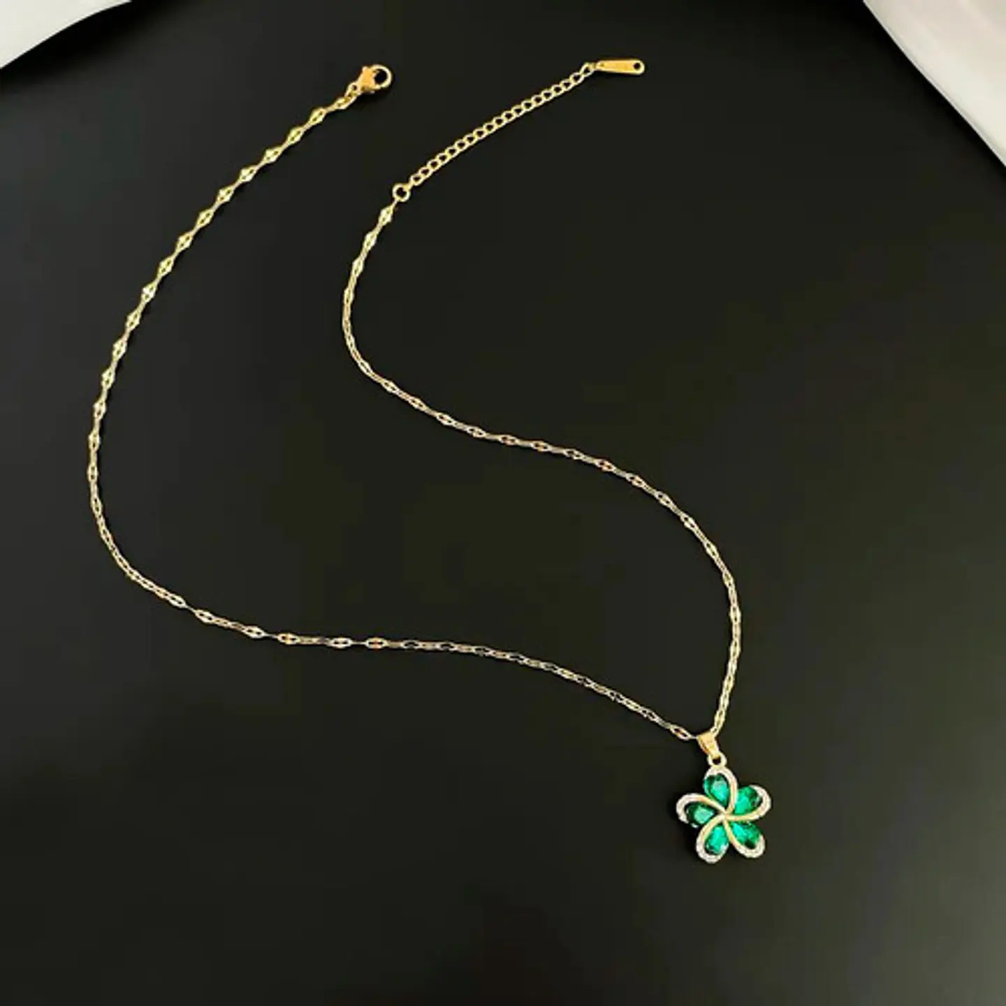 Collar Flor Circones Verde Acero Inoxidable - Bañado Oro 18k 3
