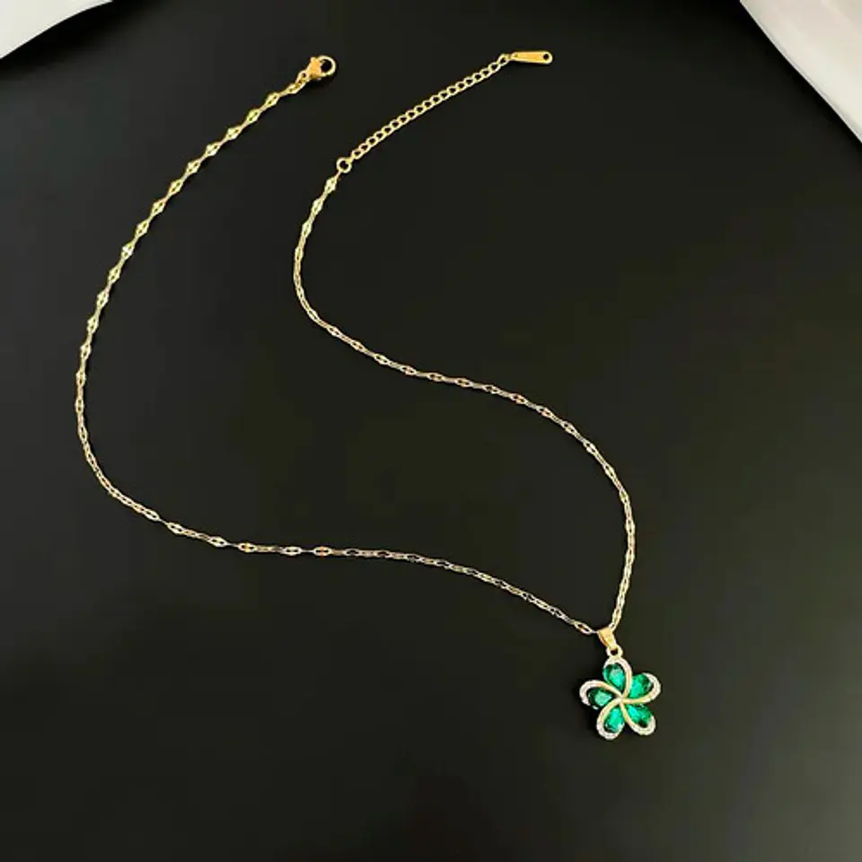 Collar Flor Circones Verde Acero Inoxidable - Bañado Oro 18k 3