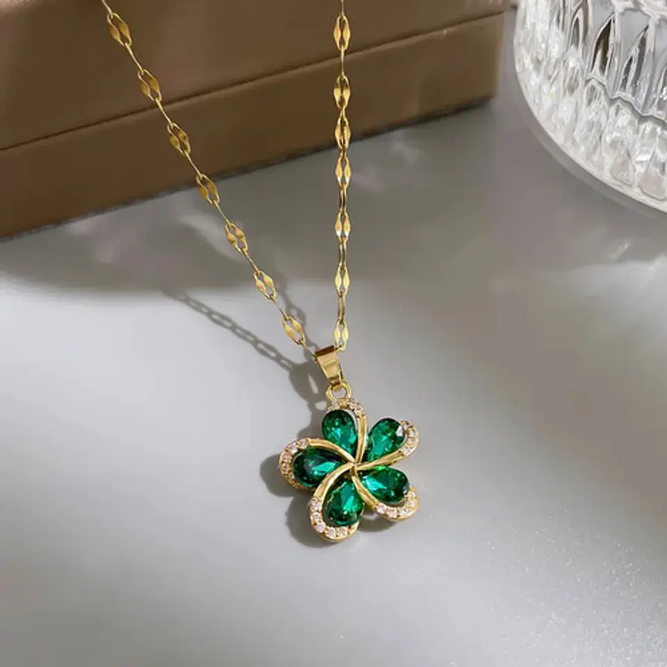 Collar Flor Circones Verde Acero Inoxidable - Bañado Oro 18k 4