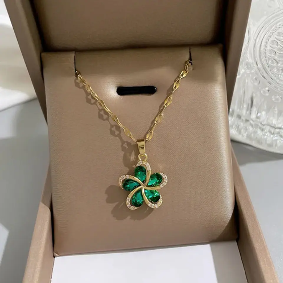 Collar Flor Circones Verde Acero Inoxidable - Bañado Oro 18k 5