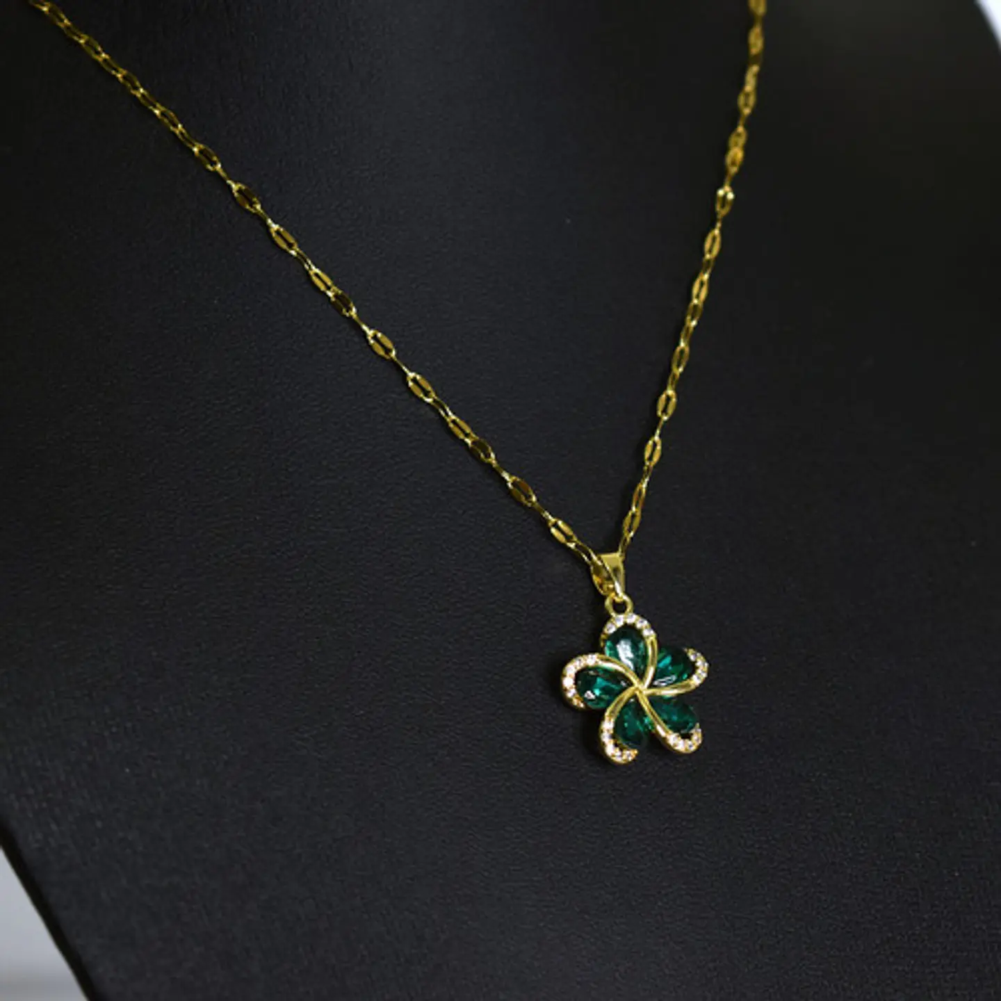 Collar Flor Circones Verde Acero Inoxidable - Bañado Oro 18k 6