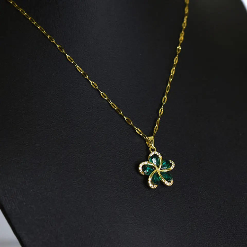 Collar Flor Circones Verde Acero Inoxidable - Bañado Oro 18k 6