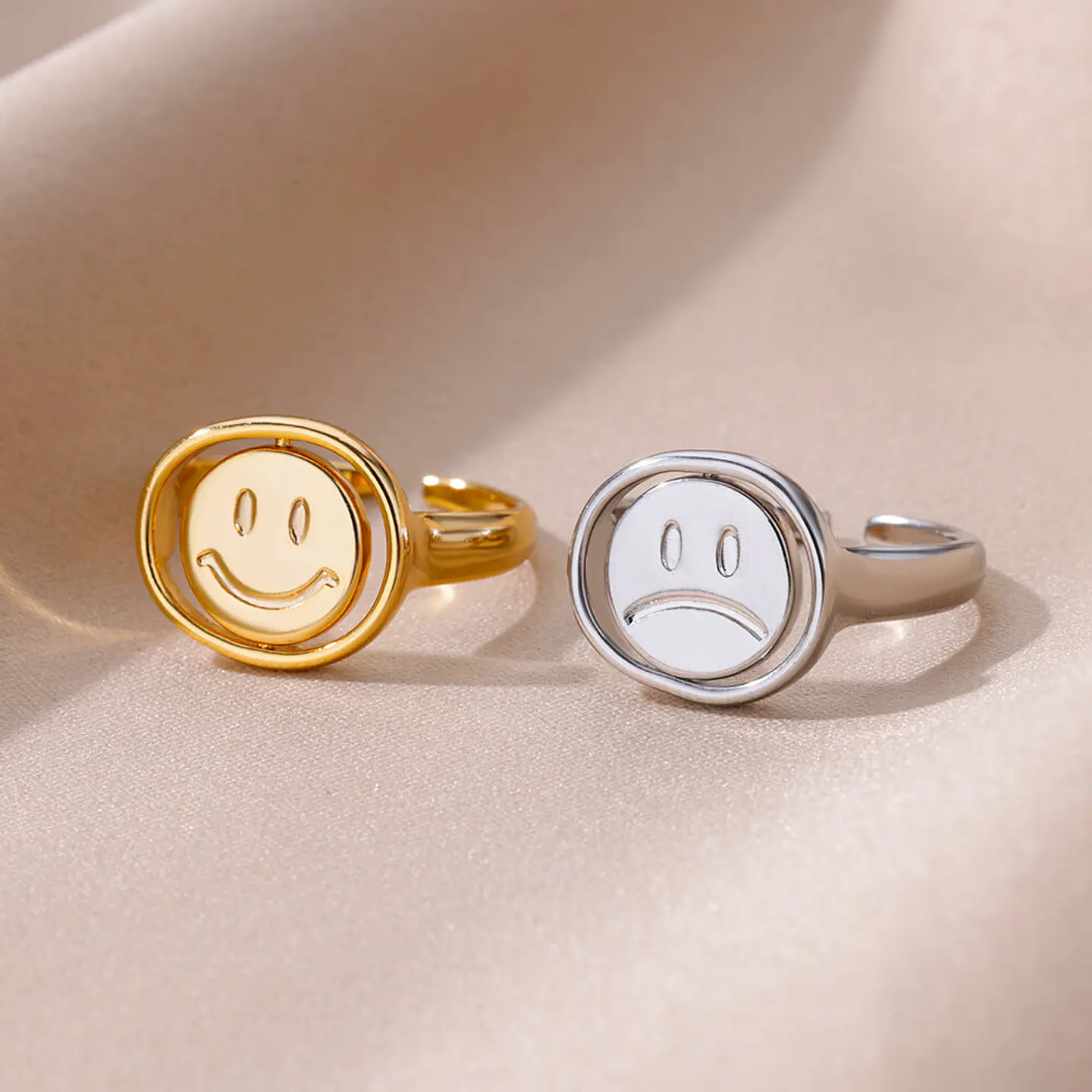 Anillo Ajustable Antiestrés Acero Inoxidable Smile Feliz Triste 4
