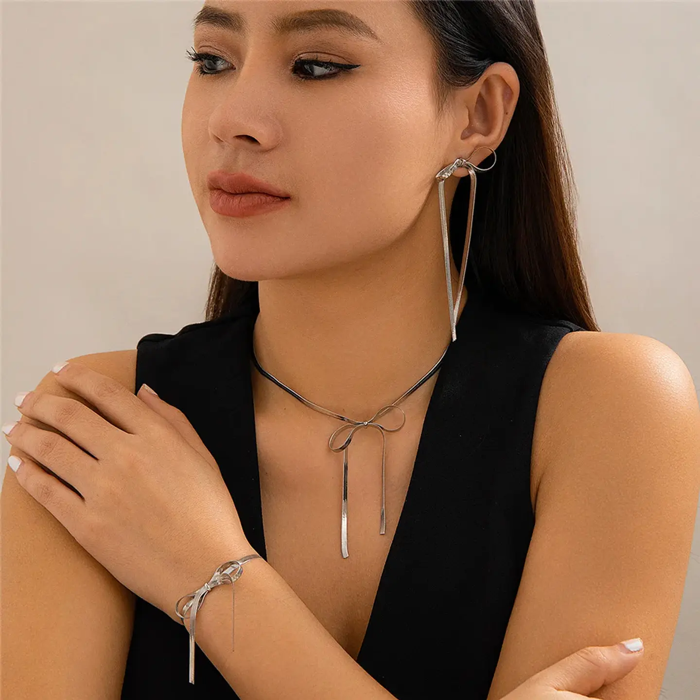 Set Completo Collar + Pulsera + Aros De Lazo Coquette Acero 4