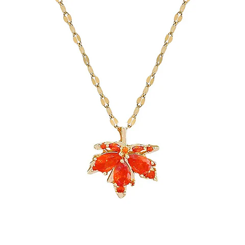 Collar Hoja De Otoño Cadena Acero Inoxidable - Baño Oro 18k