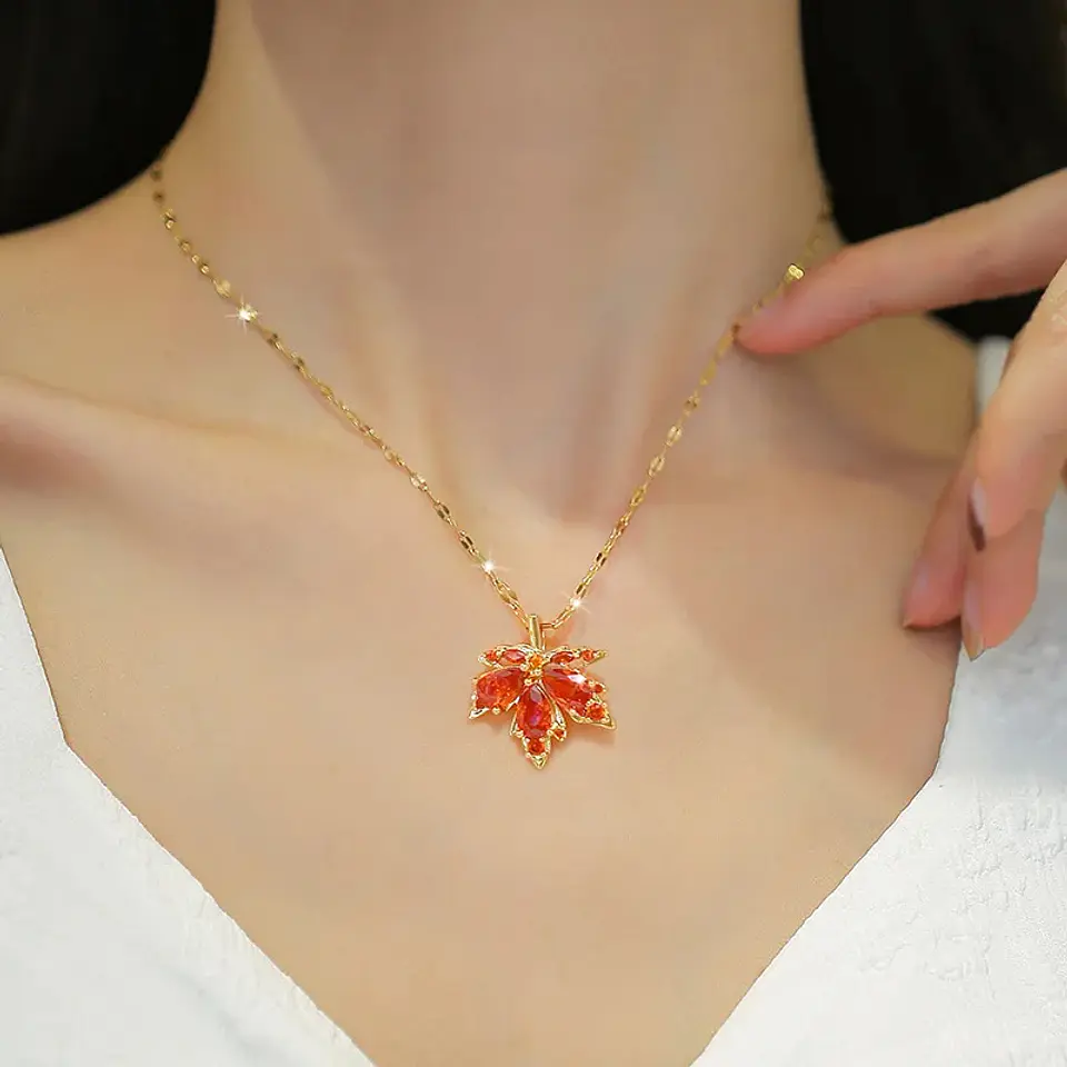 Collar Hoja De Otoño Cadena Acero Inoxidable - Baño Oro 18k 2
