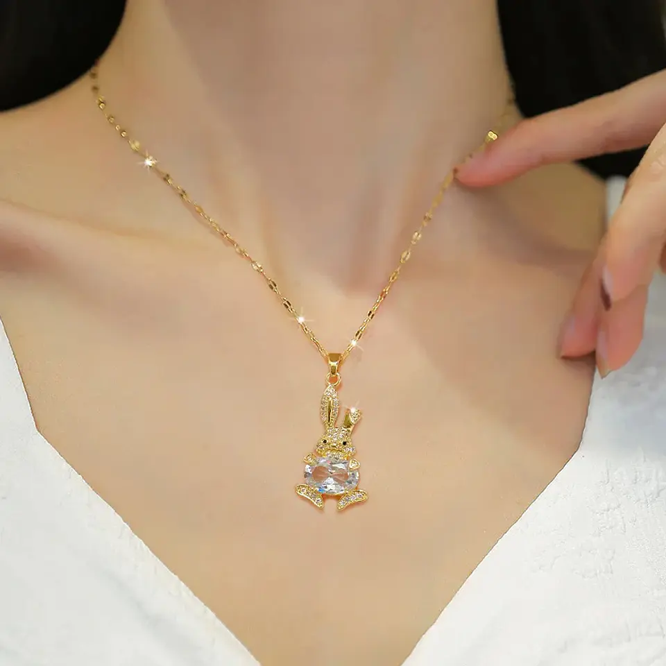 Collar Conejo De Pascua Cadena Acero Inoxidable - Baño Oro 18k 2
