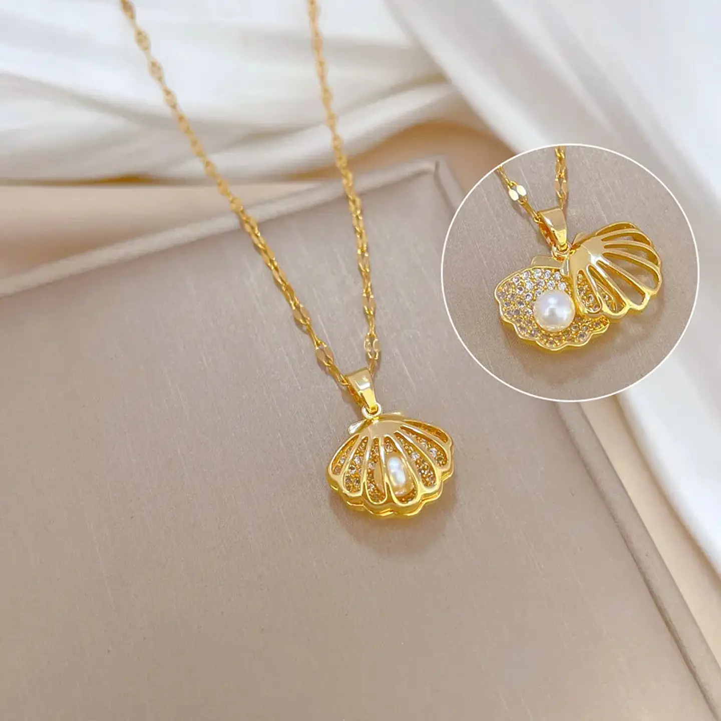 Collar Ostra Concha Con Perla Cadena De Acero - Baño Oro 18k 2