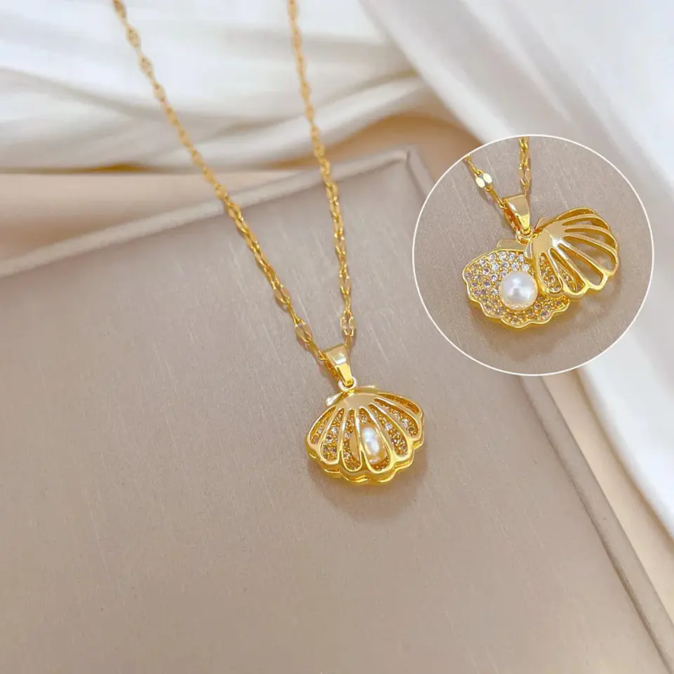 Collar Ostra Concha Con Perla Cadena De Acero - Baño Oro 18k 2