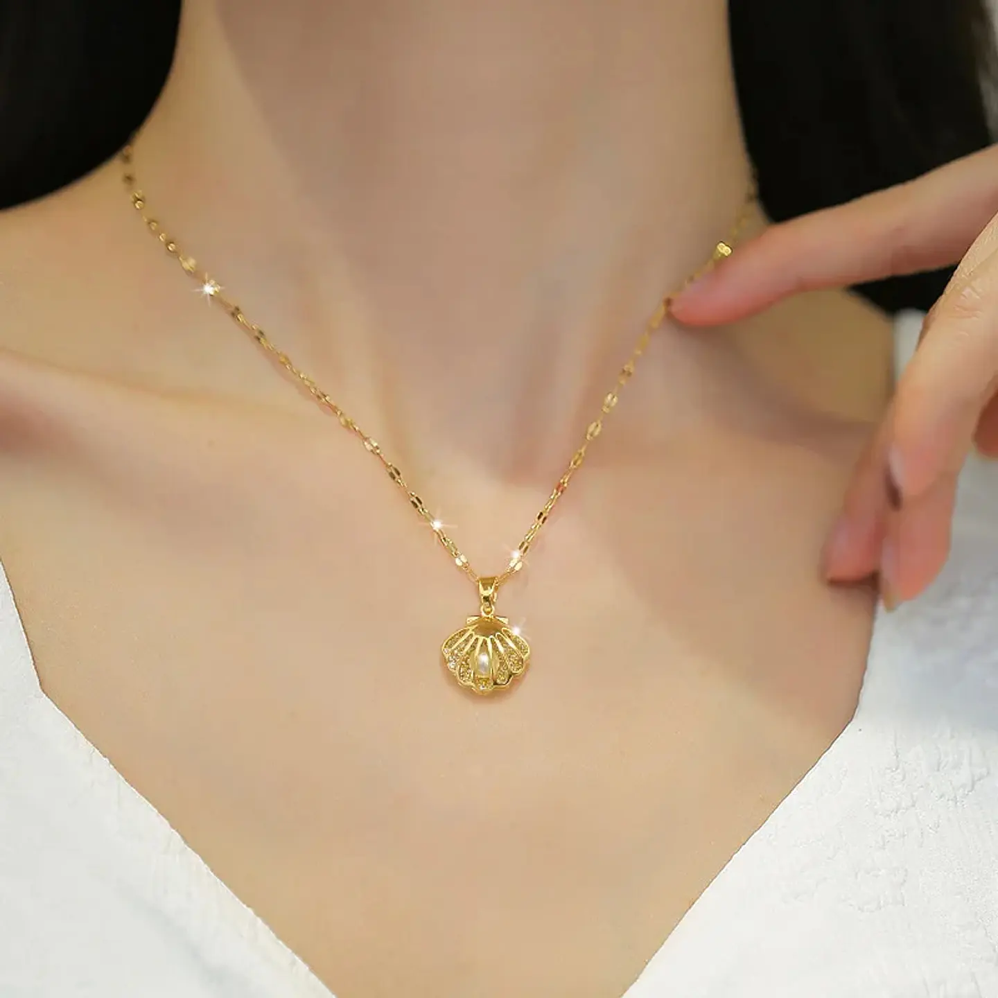 Collar Ostra Concha Con Perla Cadena De Acero - Baño Oro 18k 3