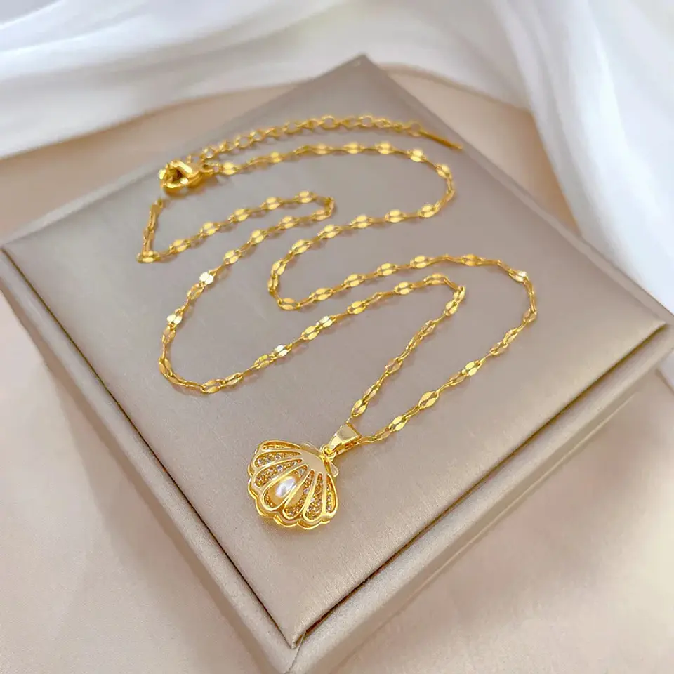 Collar Ostra Concha Con Perla Cadena De Acero - Baño Oro 18k 4