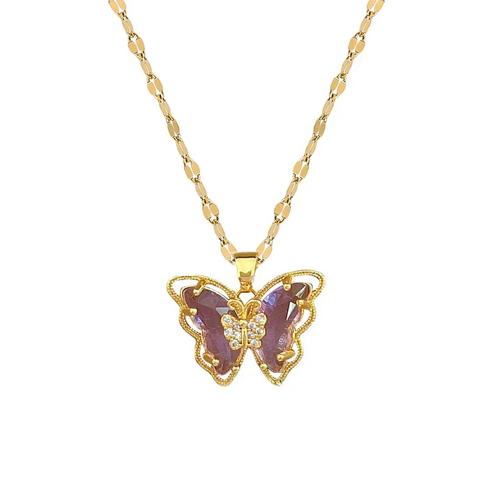 Collar Mariposa Cristal Lila - Acero Inoxidable Bañado En Oro 18k 1