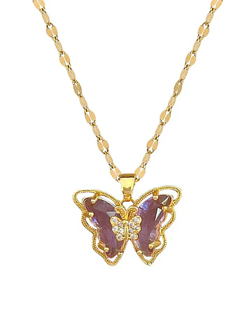 Collar Mariposa Cristal Lila - Acero Inoxidable Bañado En Oro 18k