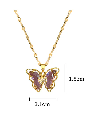 Collar Mariposa Cristal Lila - Acero Inoxidable Bañado En Oro 18k