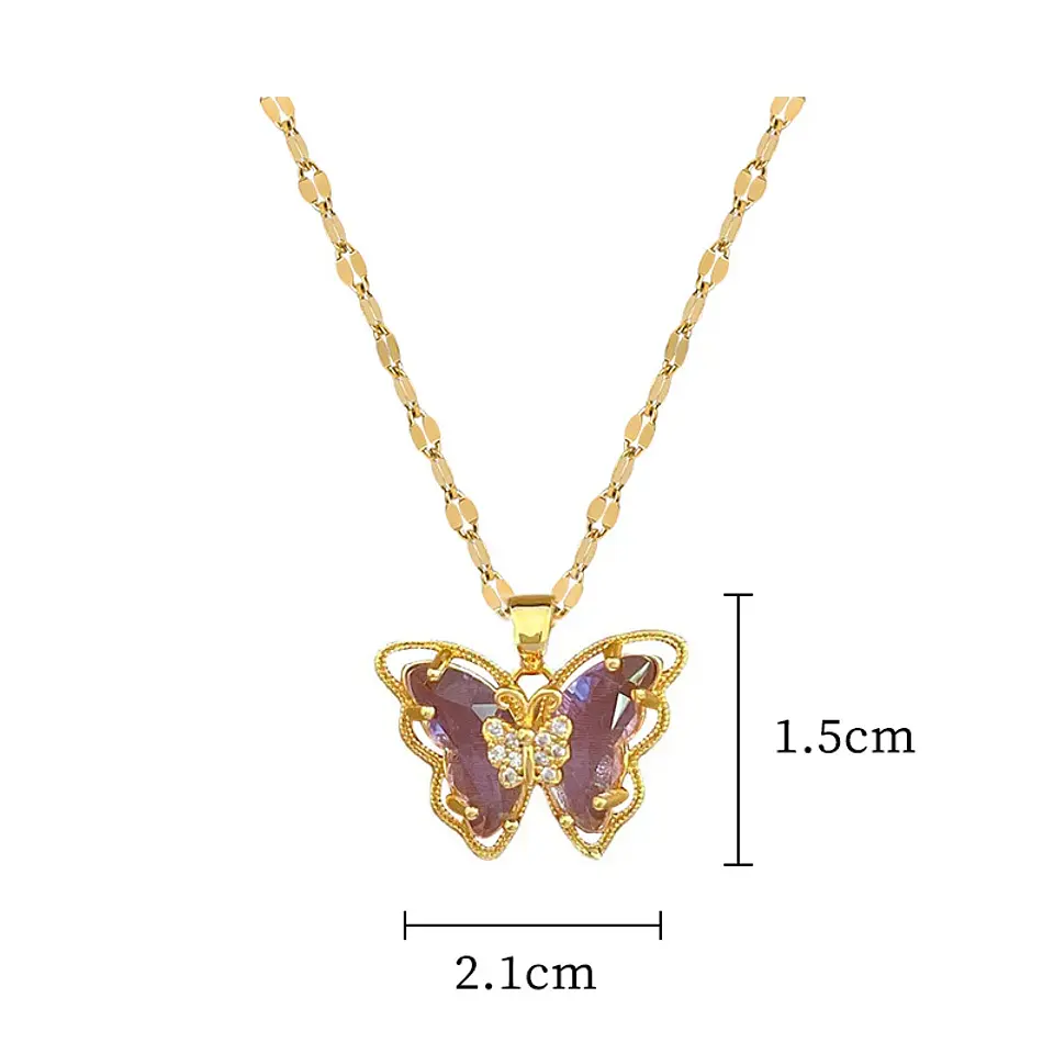 Collar Mariposa Cristal Lila - Acero Inoxidable Bañado En Oro 18k 2