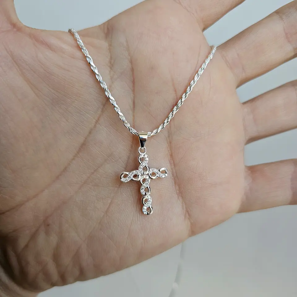 Colgante Cruz Infinitos + Cadena Tourbillon Plata Fina Italiana 925 6