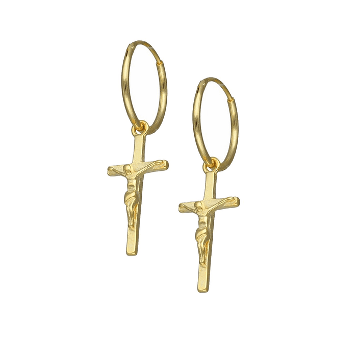 Aros Cruz 14mm Plata Fina 925 - Baño De Oro 18k - Argollas 1