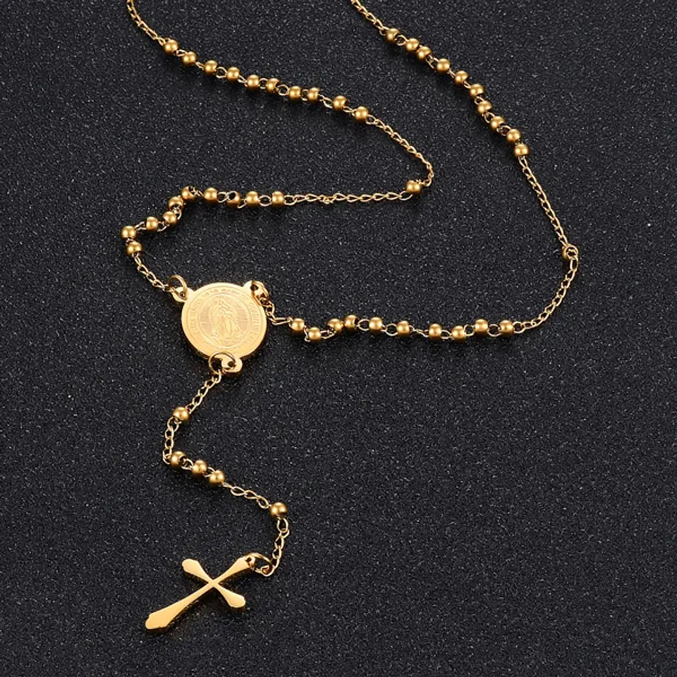 Collar Rosario Virgen Maria Con Cruz Acero Inoxidable 7