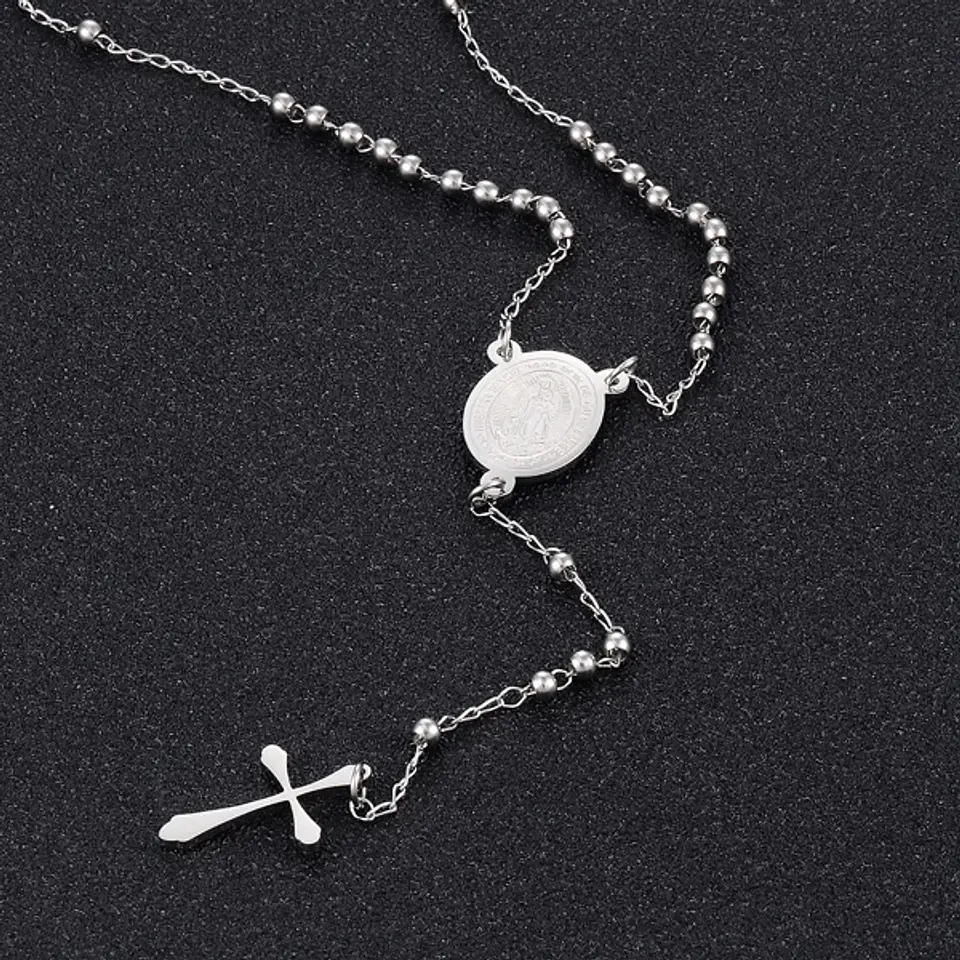 Collar Rosario Virgen Maria Con Cruz Acero Inoxidable 8